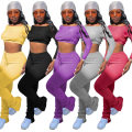 Top Quality Sexy Fashion Plain Sweat Suits Designer Stack Pants Neck Long Sleeve off Shoulder Two Piece Set